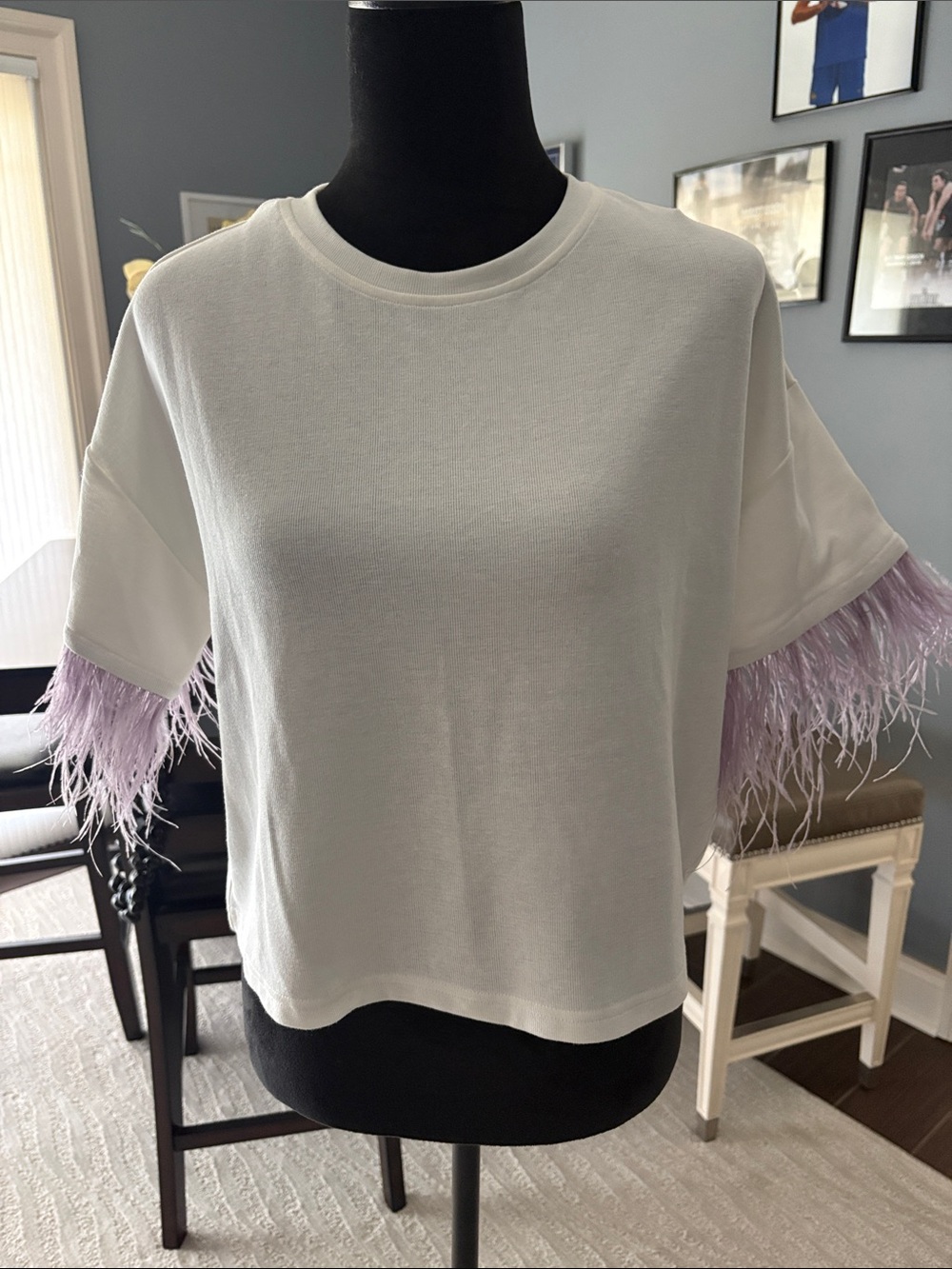 Lucy Paris Women's White Tee with Lilac Feather Trim